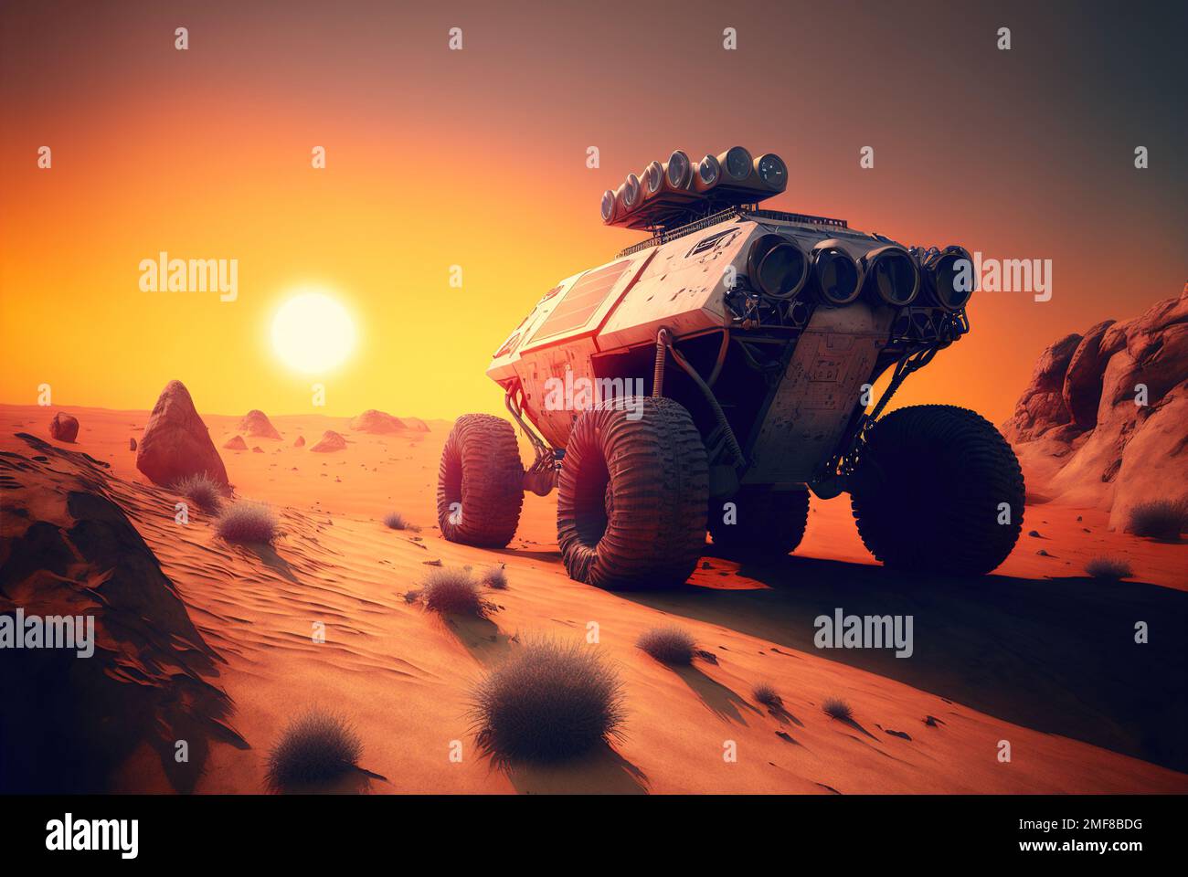 Mars rover during mission, futuristic space vehicle on alien