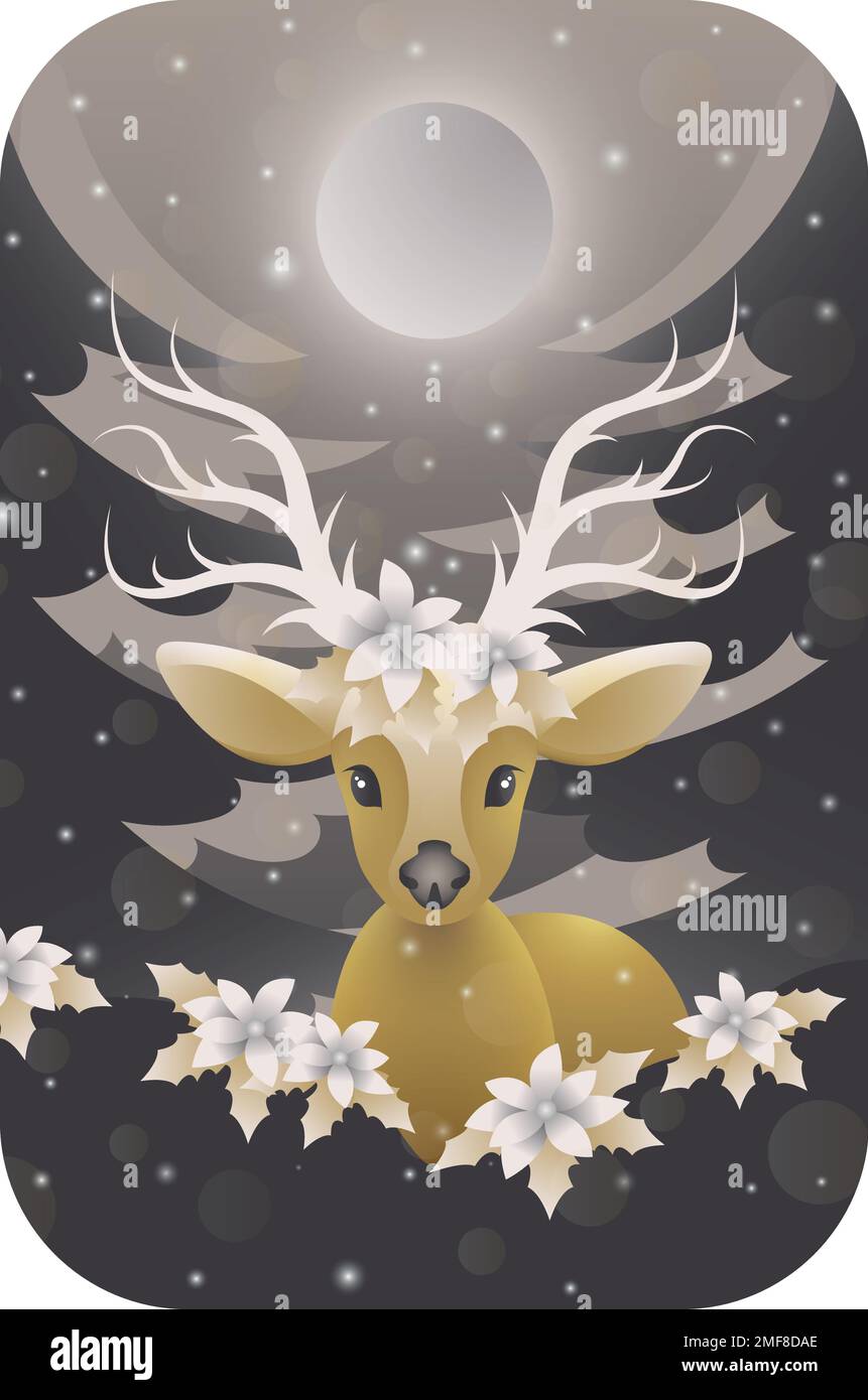 Fawn with poinsettia flowers on the background of winter nature. Stock Vector