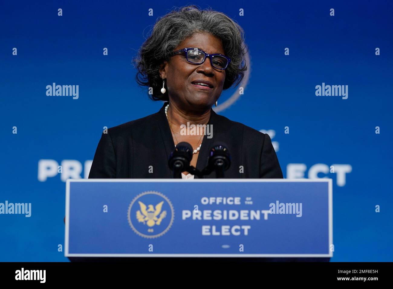FILE - This Nov. 24, 2020, file photo Linda Thomas-Greenfield speaking at  The Queen theater in Wilmington, Del. Thomas-Greenfield, President Joe  Biden's pick to be America's ambassador to the United Nations, says