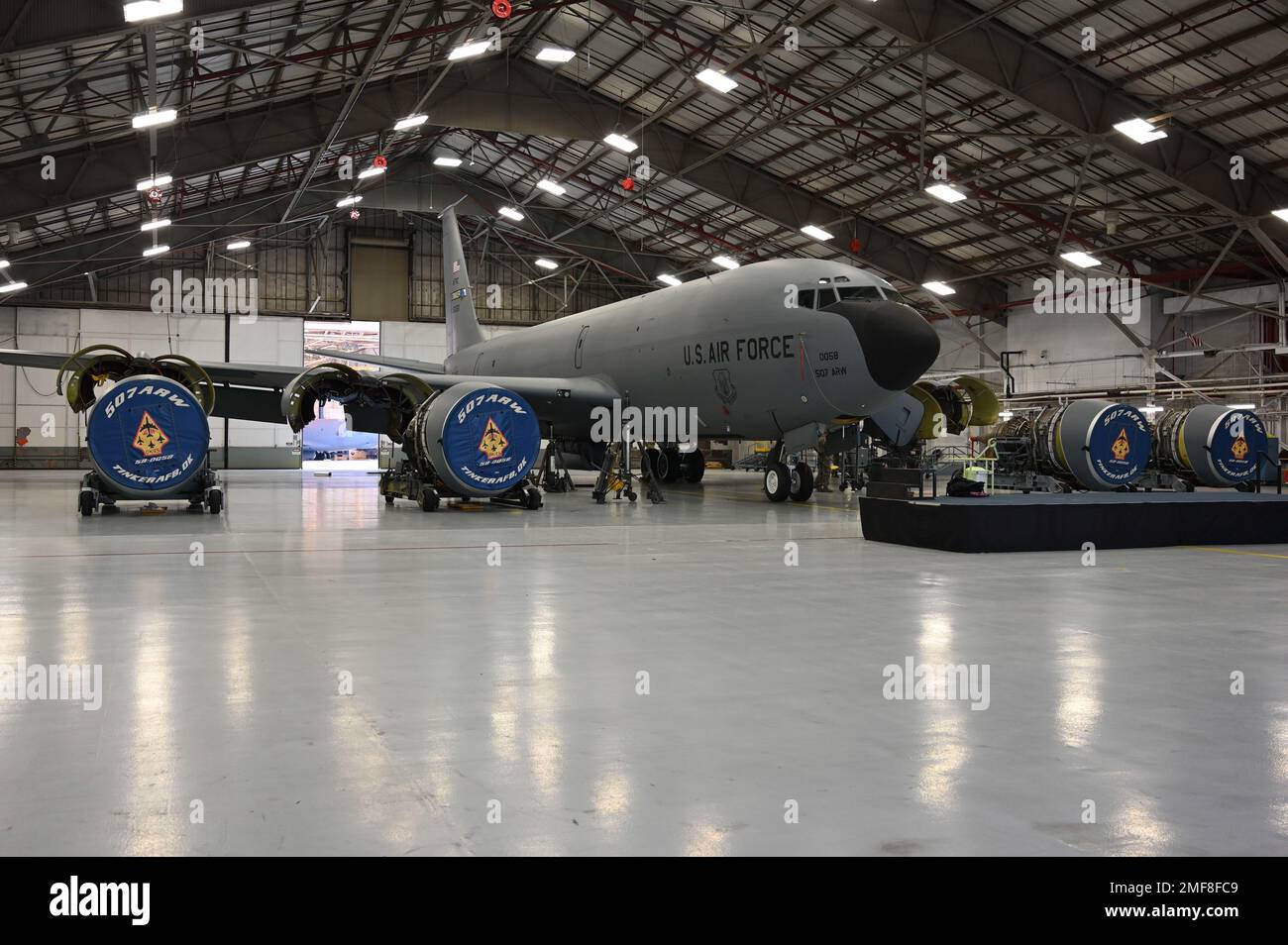 A KC-135 sits in the 507th Maintenance Squadron hangar on Tinker Air ...