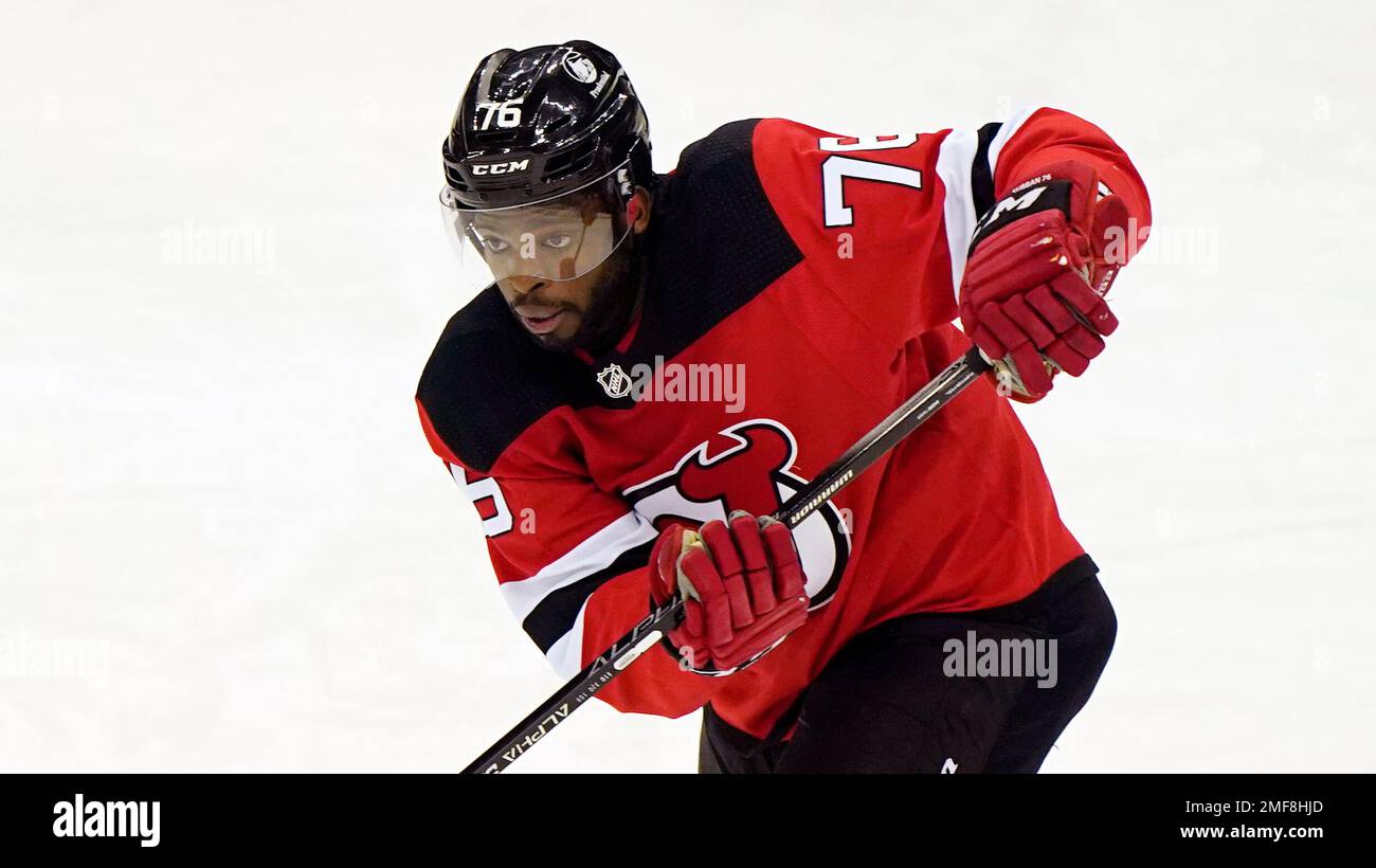 New Jersey Devils defenseman P.K. Subban (76) stretches before an NHL  hockey game against the Vancouver Canucks Monday, Feb. 28, 2022, in Newark,  N.J. The Devils wore warmup jerseys designed by Subban