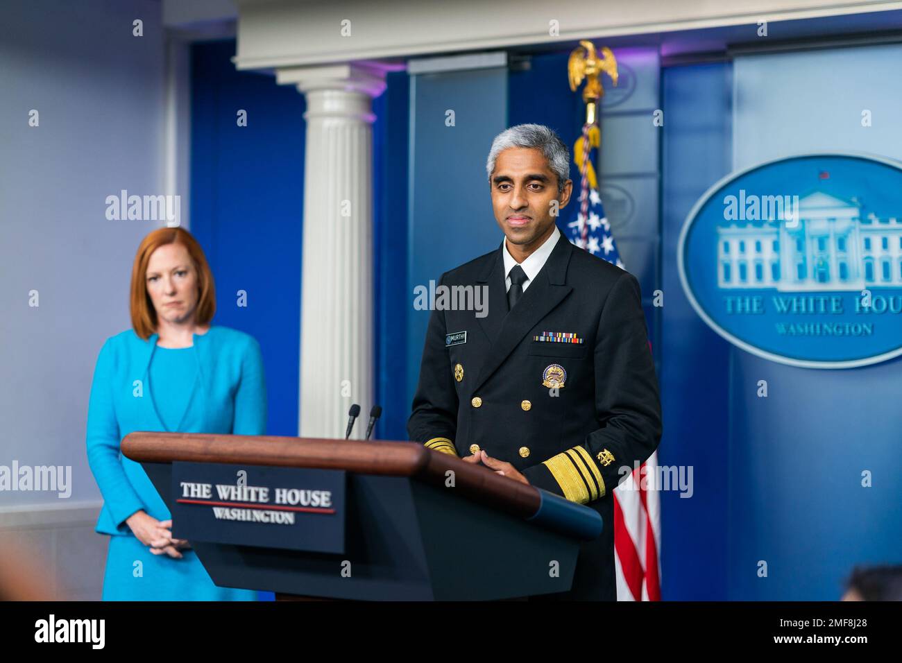 Reportage: U.S. Surgeon General Vivek Murthy, joined by Press Secretary Jen Psaki, delivers remarks and answers questions from member of the press Thursday, July 15, 2021 Stock Photo
