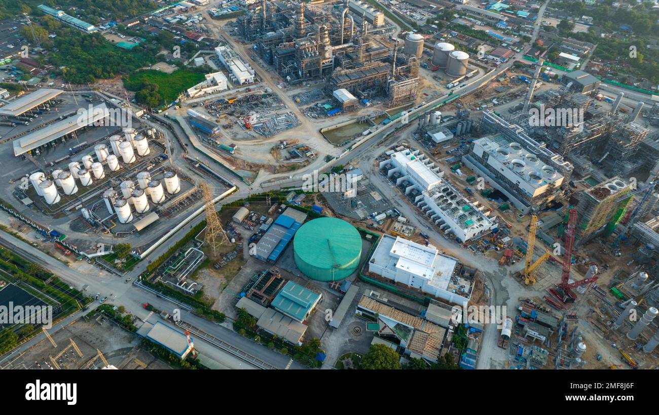 Oil Refinery Gas Chemical Equipment Prodiction import export Concept, Crude Oil Refinery Plant Steel Pump Pipe line and Chimney and Cooling tower, Che Stock Photo