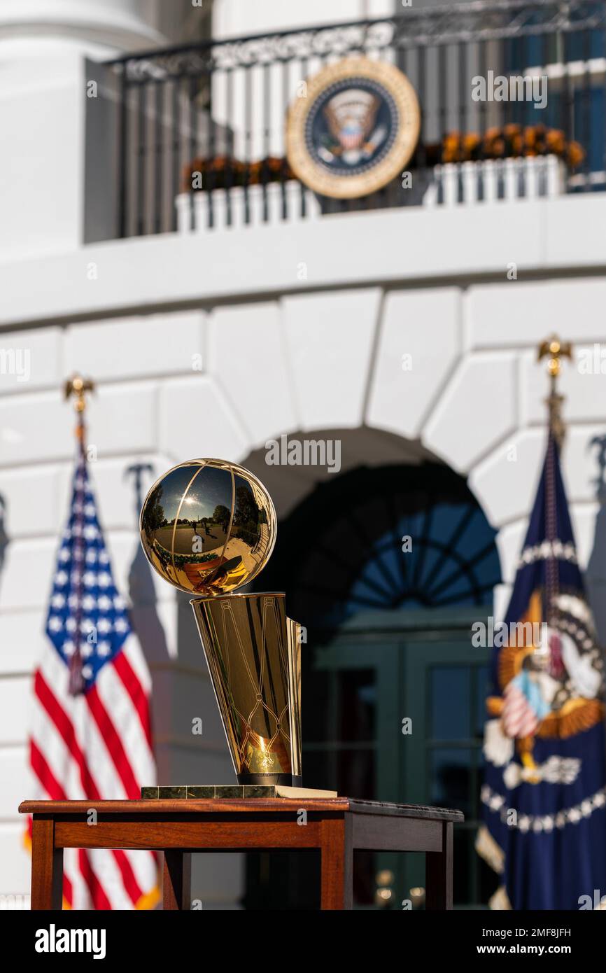 Washington, United States. 08th Nov, 2021. The Larry O'Brien NBA  Championship Trophy is seen as President Joe Biden honors the Milwaukee  Bucks for winning the 2021 NBA Championship on the South Lawn