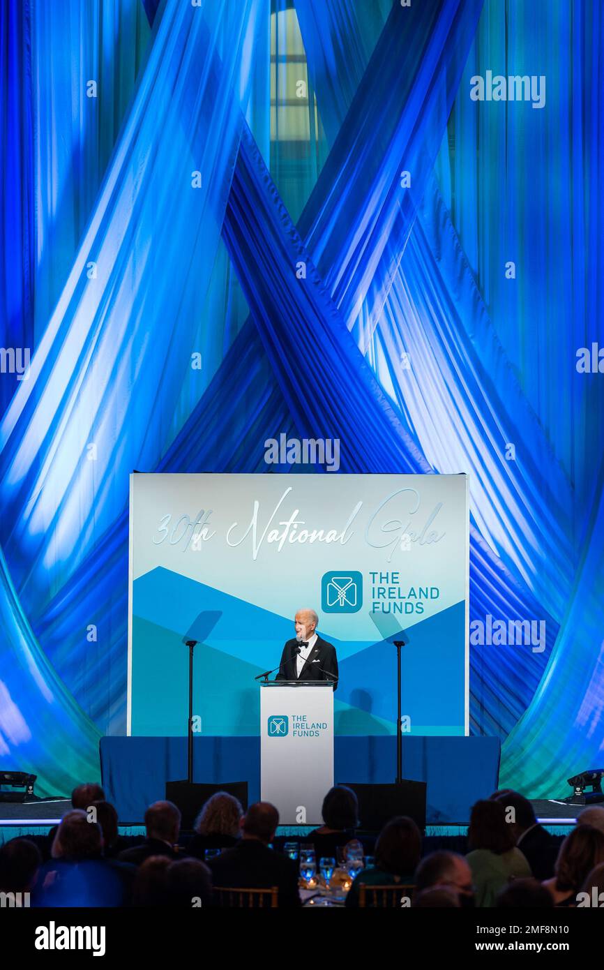 Reportage: President Joe Biden speaks at the The Ireland Funds National Gala at the National Building Museum in Washington, D.C., Wednesday, March 16, 2022 Stock Photo