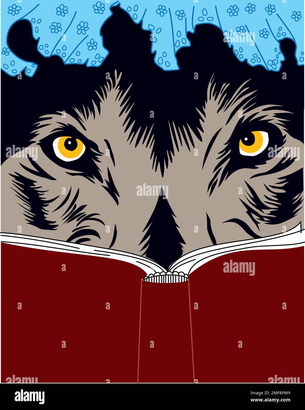 wolf in grandma's nightcap waiting for little red riding hood Stock Vector