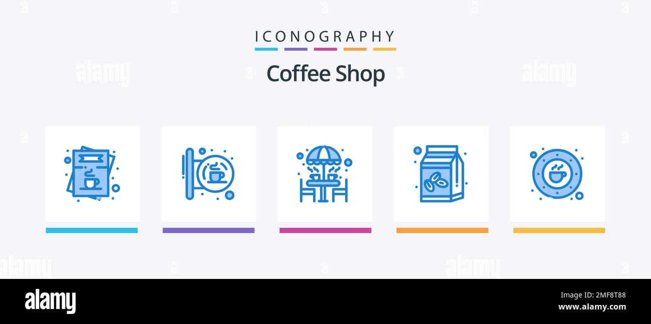 Coffee Shop Blue 5 Icon Pack Including sugar bowl. coffee. shop. umbrella. furniture. Creative Icons Design Stock Vector