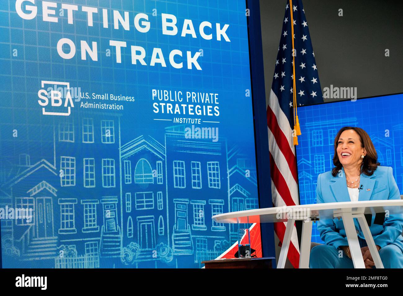 Reportage: Vice President Kamala Harris participates in a weekly “Back on Track” Zoom call hosted by the Small Business Administration, Thursday, July 29, 2021 Stock Photo