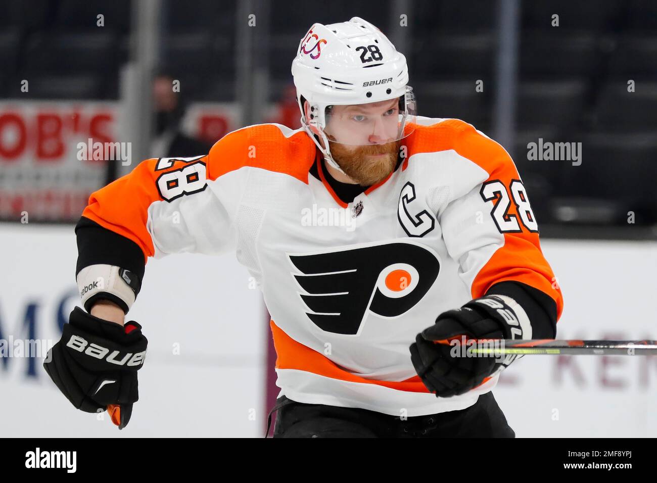 Philadelphia Flyers' Claude Giroux (28) plays against the Boston Bruins