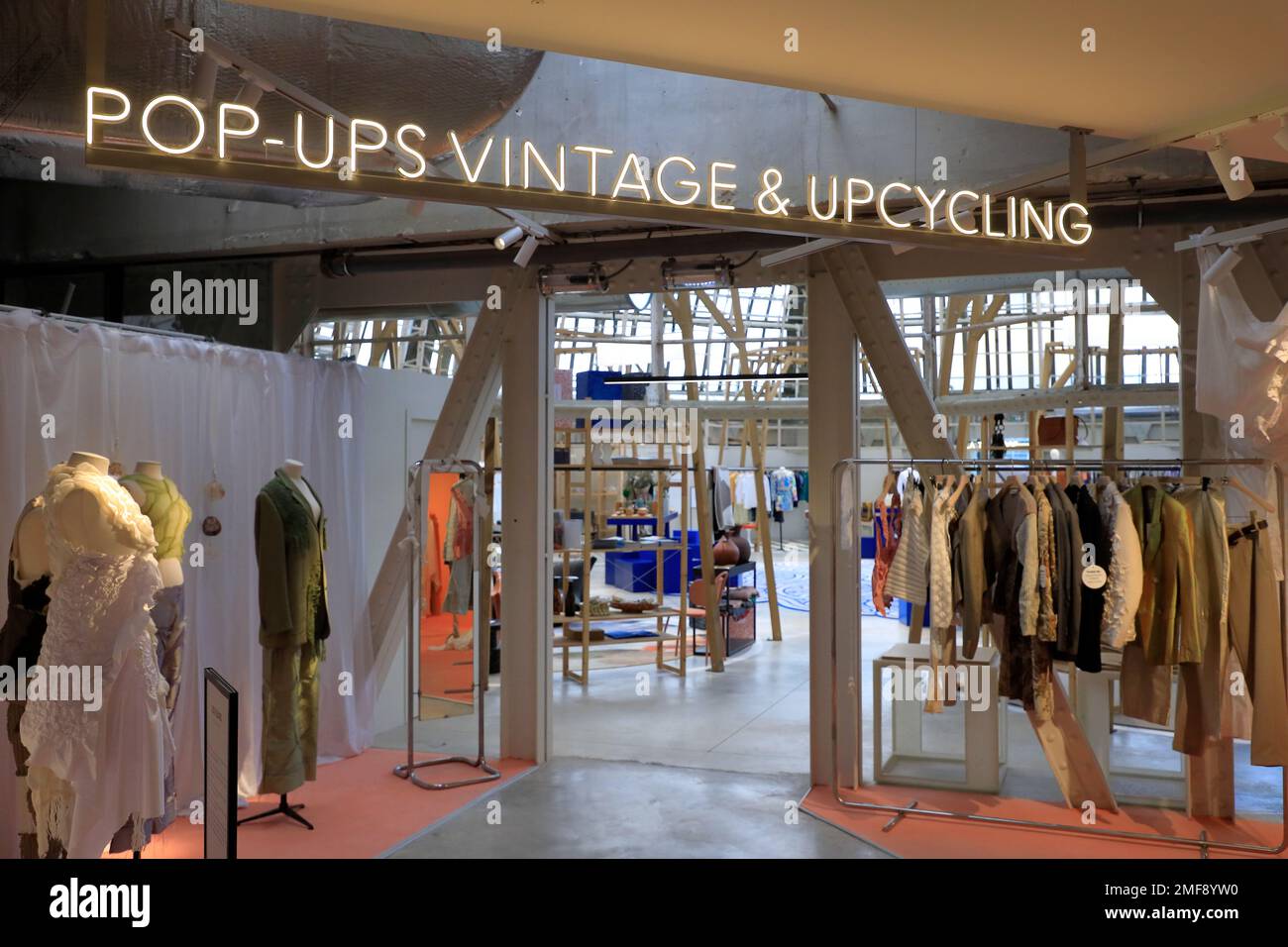 Pop-ups vintage & upcycling fashion store with sign in 7ieme Ciel (Seventh Heaven) on the 7th floor Au Printemps Haussmann department store.Paris.France Stock Photo
