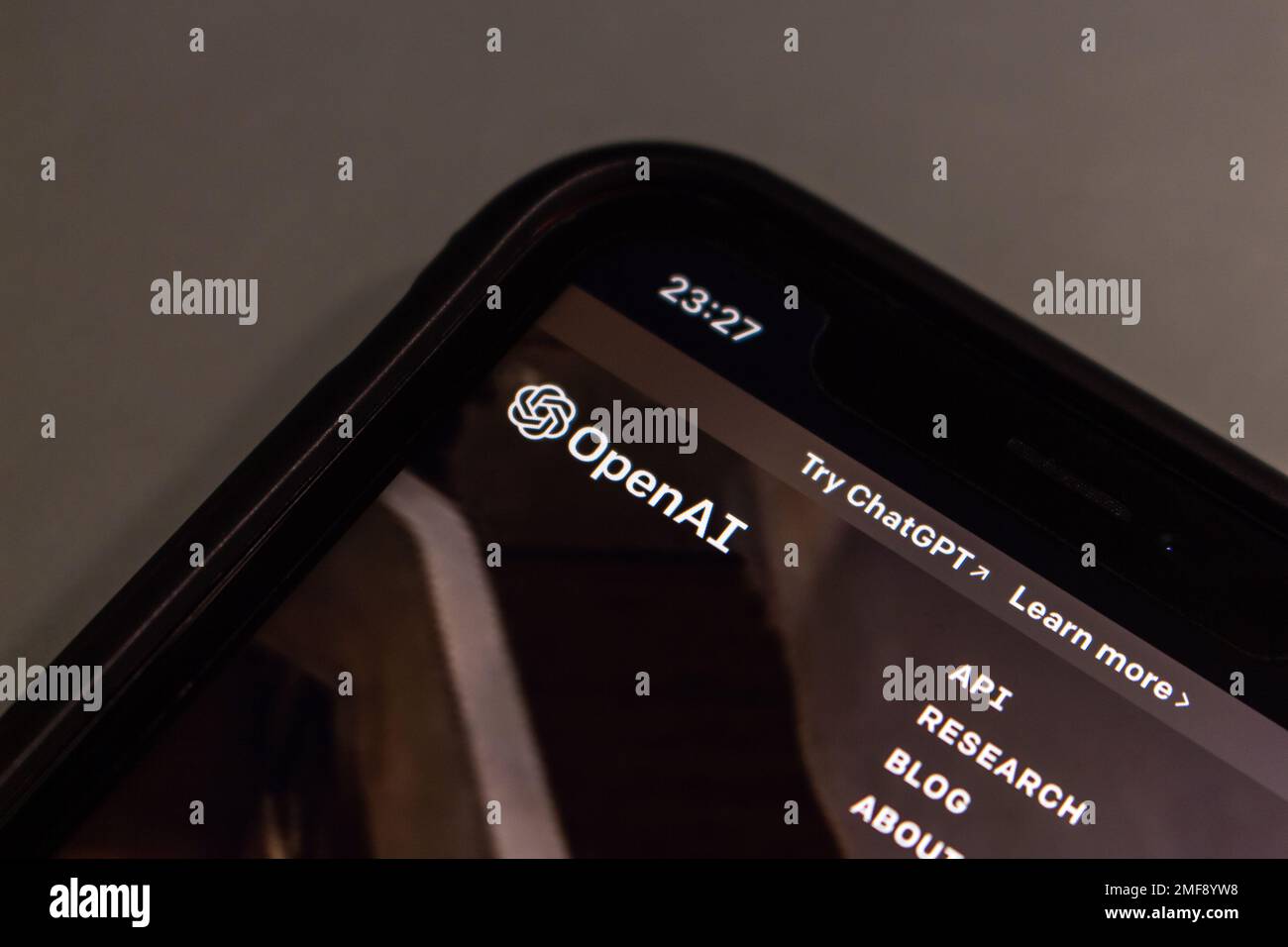 Vancouver, CANADA - Jan 23 2023 : The website of OpenAI seen in an iPhone screen. OpenAI is an US artificial intelligence (AI) research laboratory Stock Photo