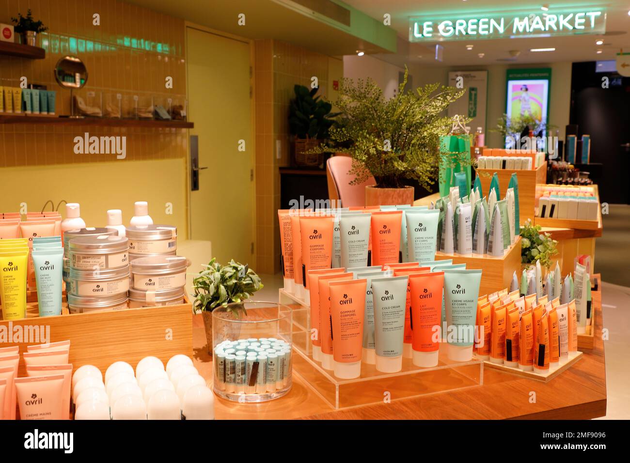 Environmental friendly and organic skin care cosmetic products display inside of Le Green Market.Au Printemps department store.Paris.France Stock Photo