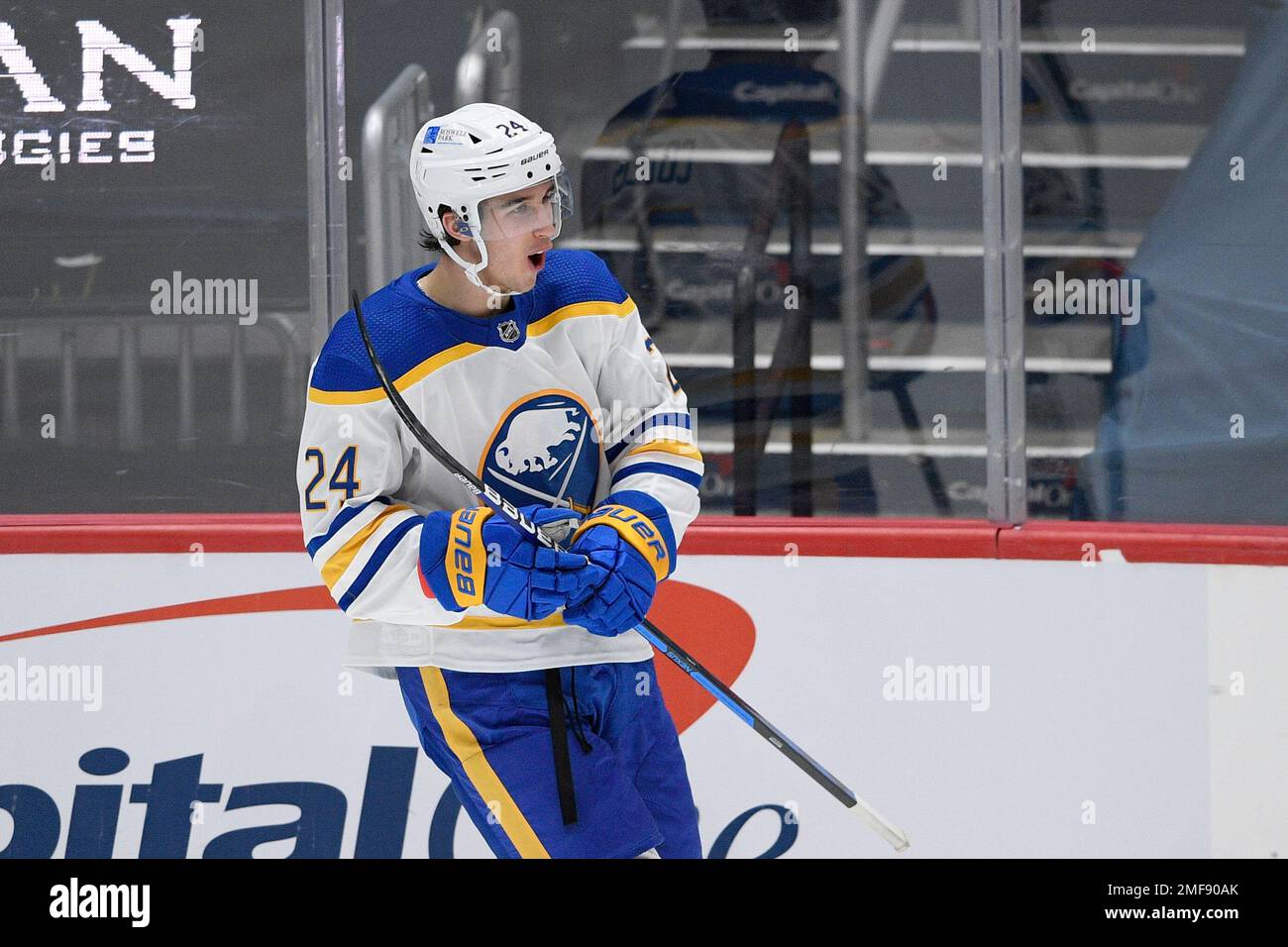 Buffalo Sabres center Dylan Cozens (24) celebrates his goal during the