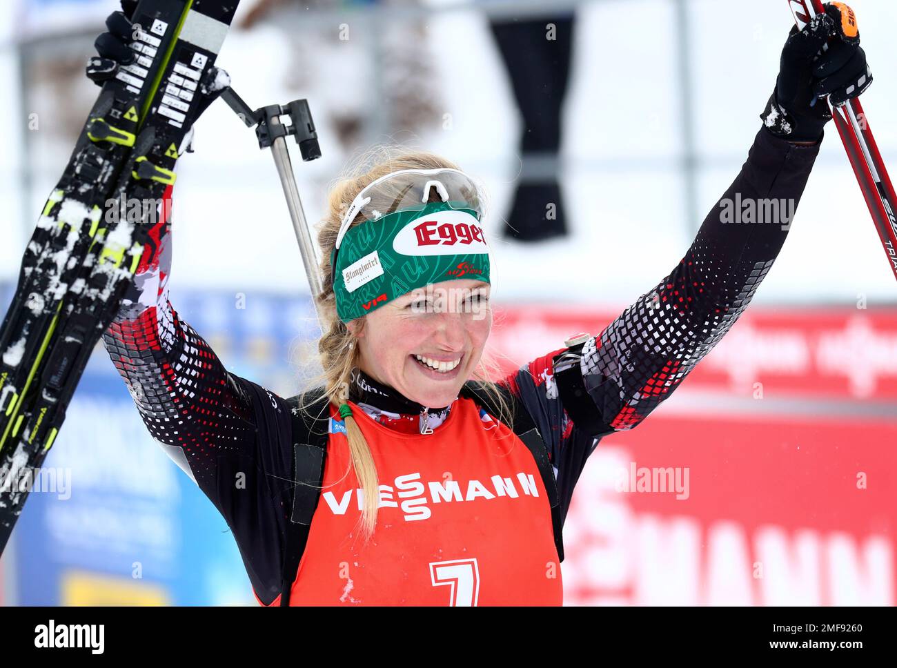 Third placed Lisa Hauser of Austria celebrates after the womens 12.5km mass start race at the Biathlon World Cup in Anterselva, Italy, Saturday, Jan