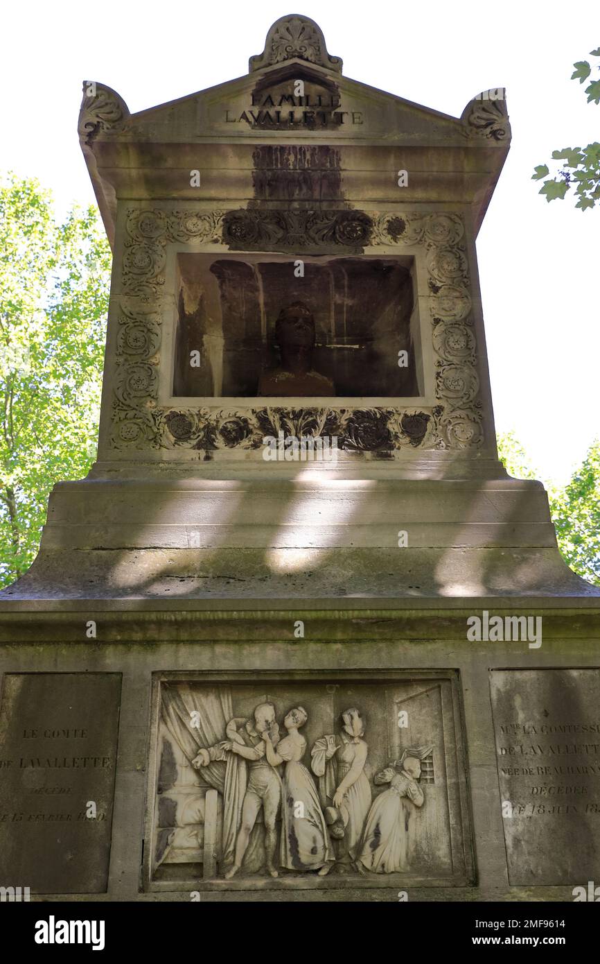 Stone carved relief decorating a tomb stone inside of Père Lachaise Cemetery. Paris.France Stock Photo