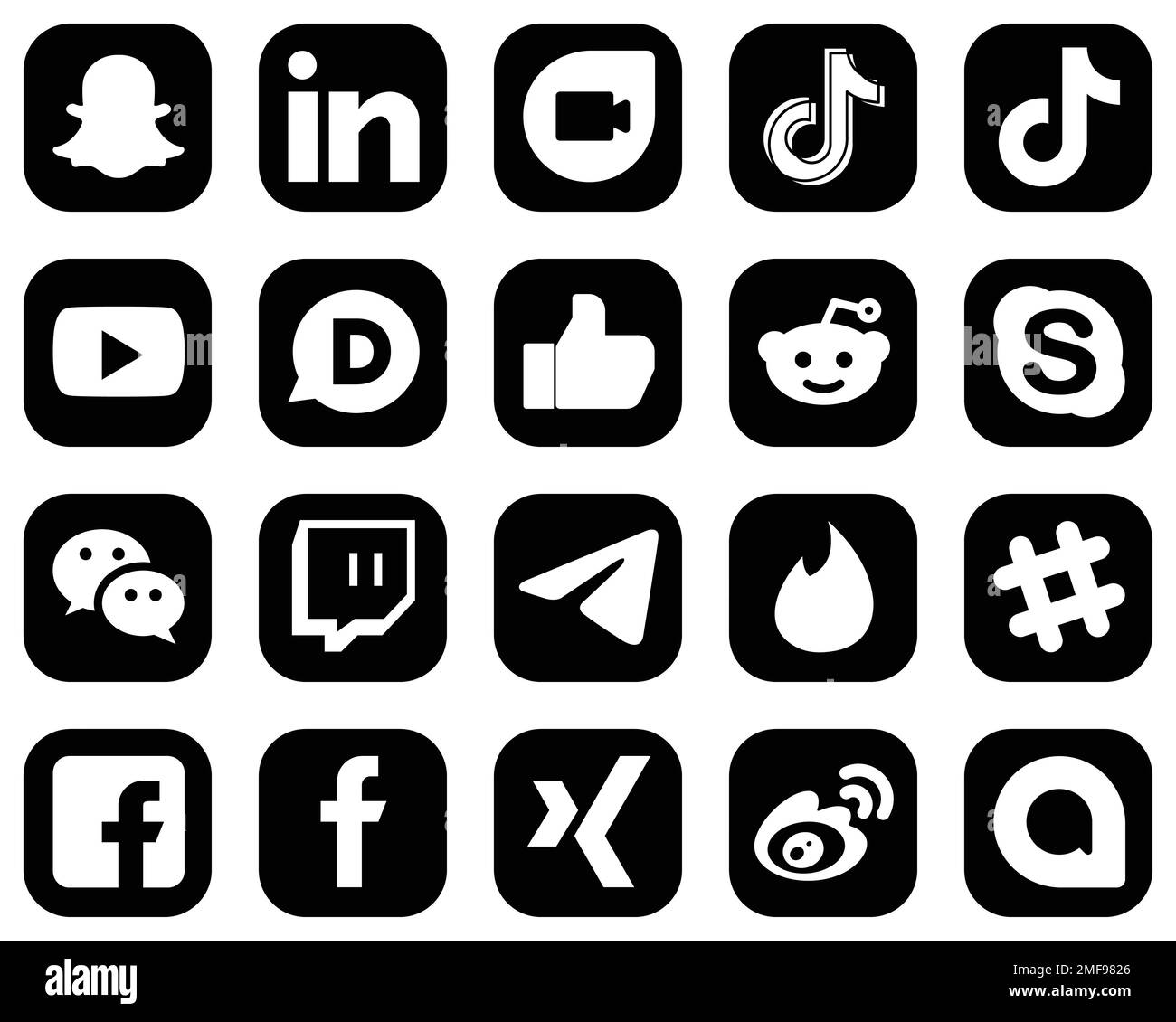 20 Elegant White Social Media Icons on Black Background such as wechat
