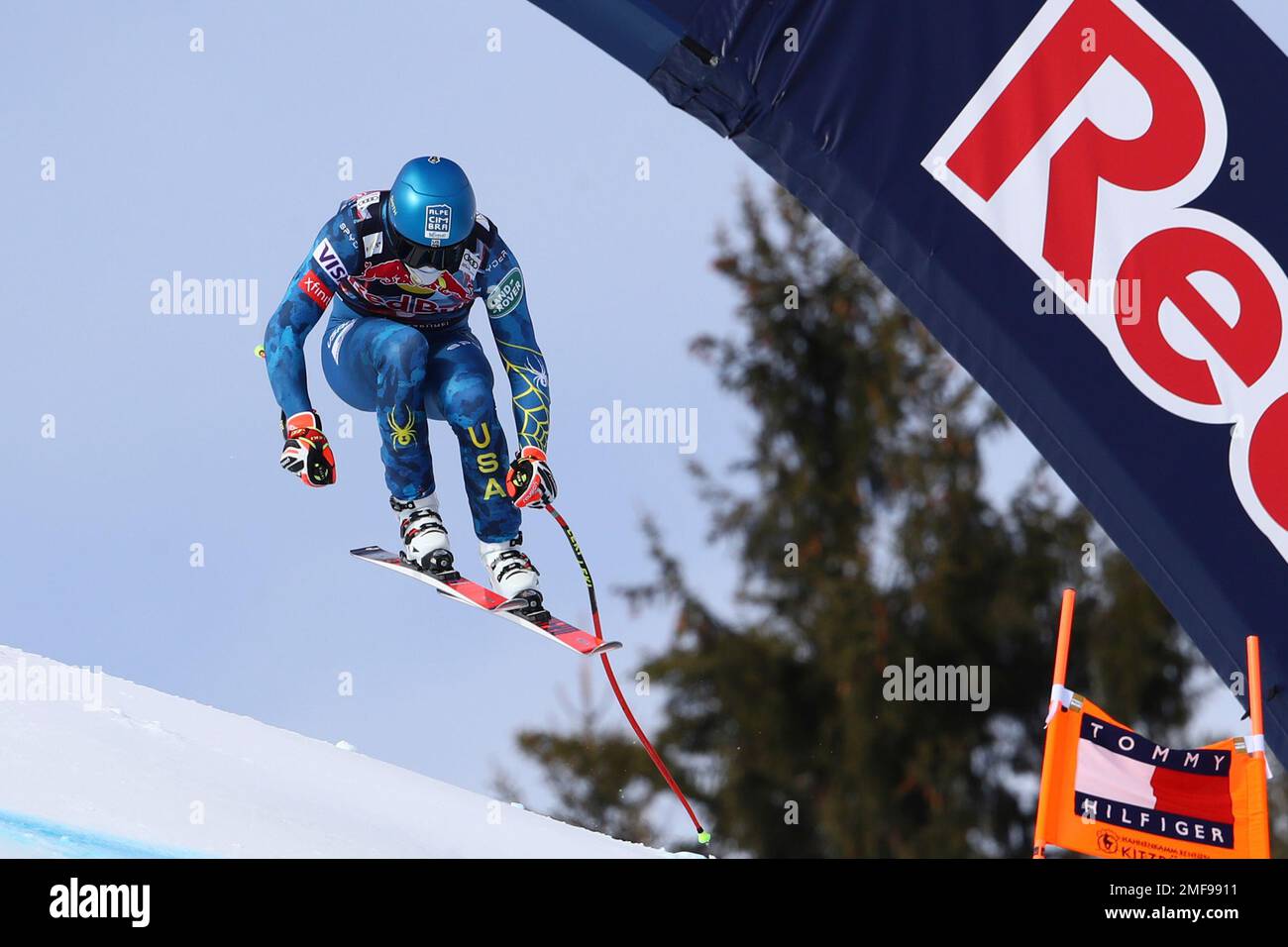 United States Ryan Cochran Siegle speeds down the course during training for an alpine ski, mens World Cup downhill in Kitzbühel, Austria, Thursday, Jan