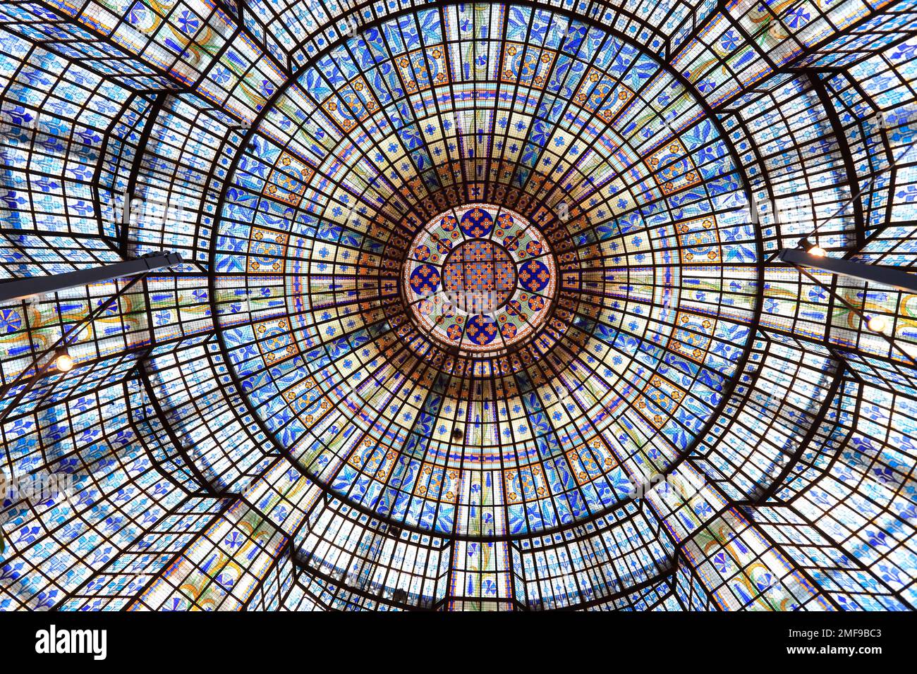The interior view of the elaborate 1923 stained glass cupola in Au