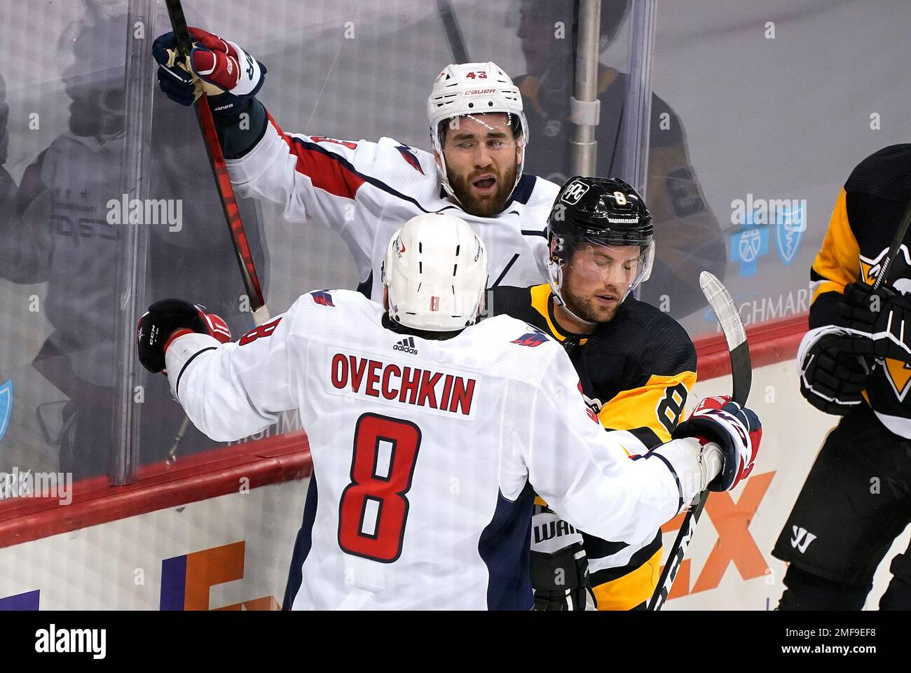 Washington Capitals Tom Wilson (43) celebrates his first of two goals during the first period of the teams NHL hockey game against the Washington Capitals in Pittsburgh, Tuesday, Jan