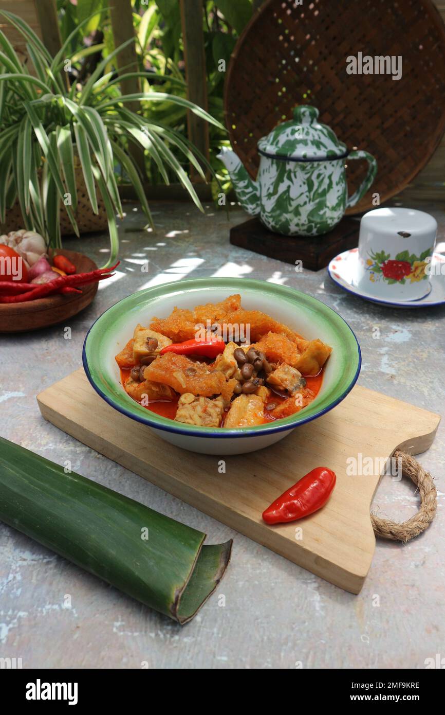 a traditional Javanese spicy stew of beef skin with tempeh and red