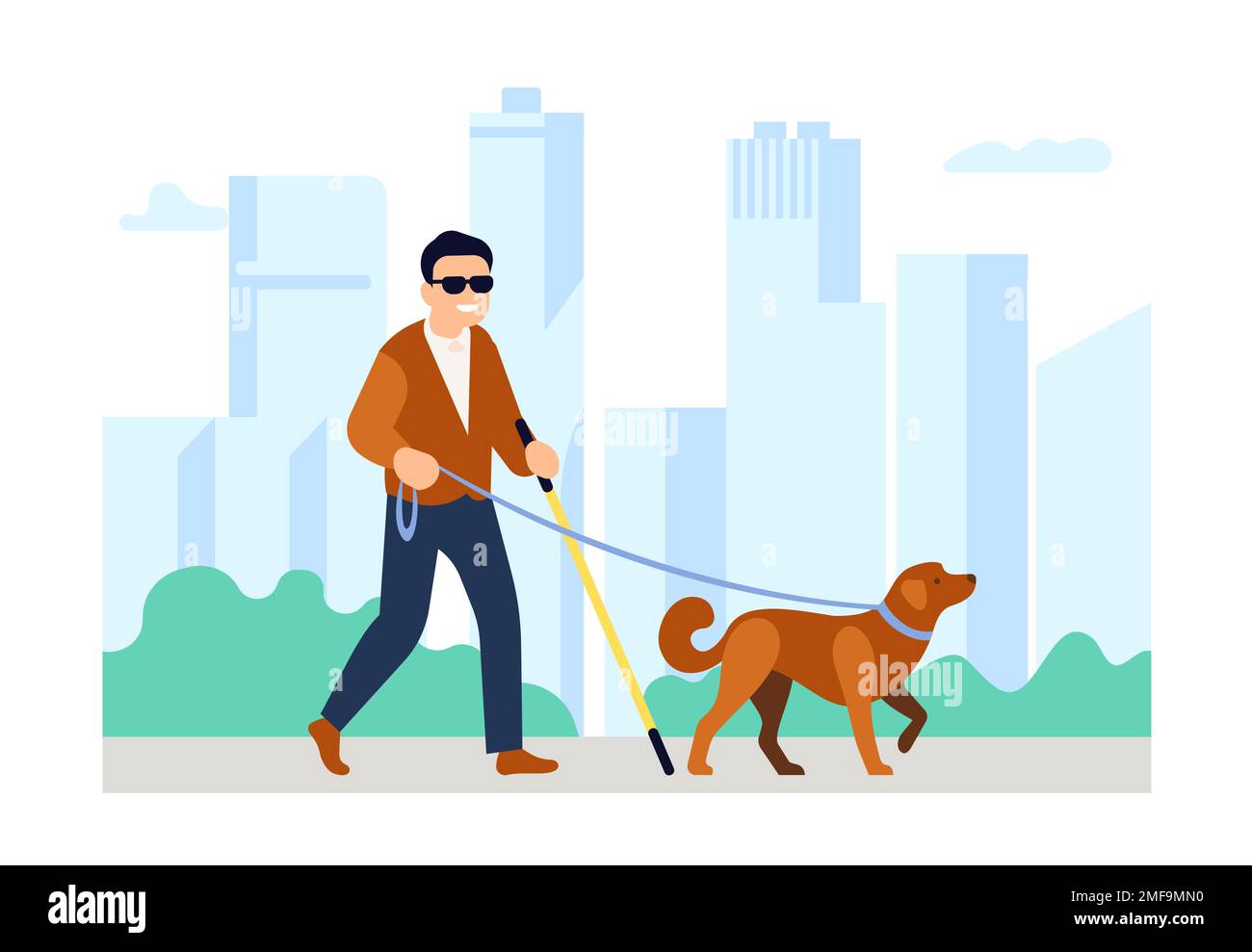 Blind man with guide dog walking in park. Disabled persons outdoor stroll. Pet leading handicapped male. Visual disability. Trained animal companion Stock Vector