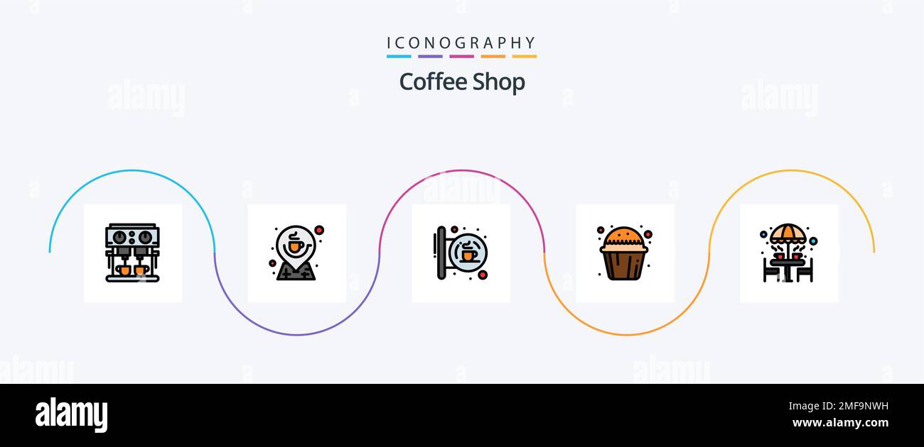 Coffee Shop Line Filled Flat 5 Icon Pack Including muffin sweet. cup. map. cake. shop Stock Vector