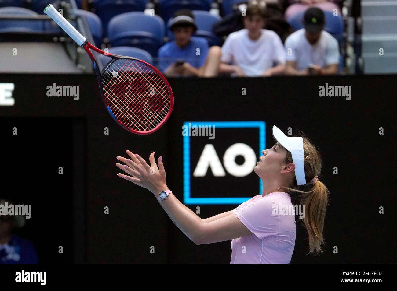 Donna Vekic of Croatia spins her racket in the air during her ...