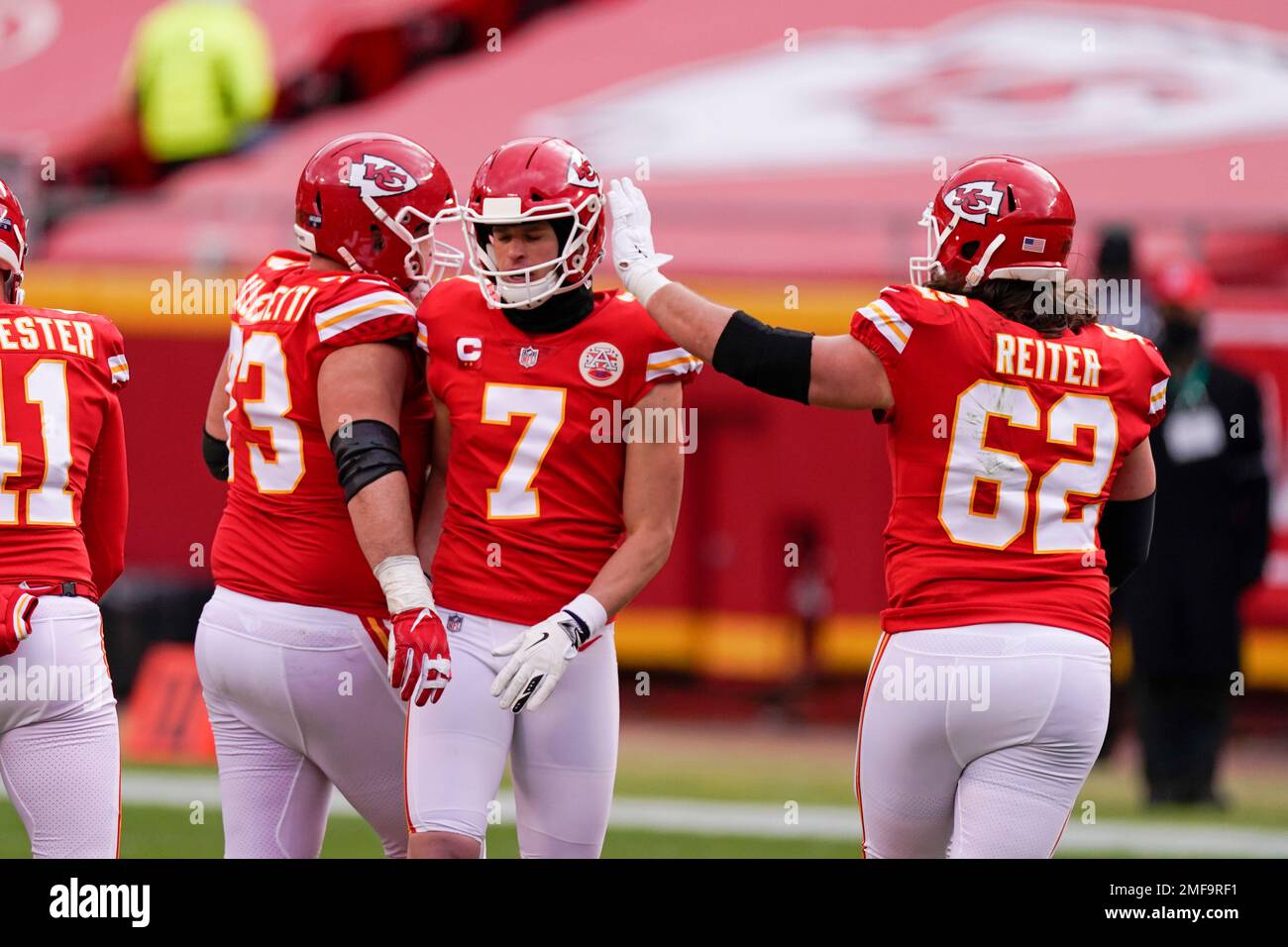 Kansas City Chiefs place kicker Harrison Butker (7) celebrates with