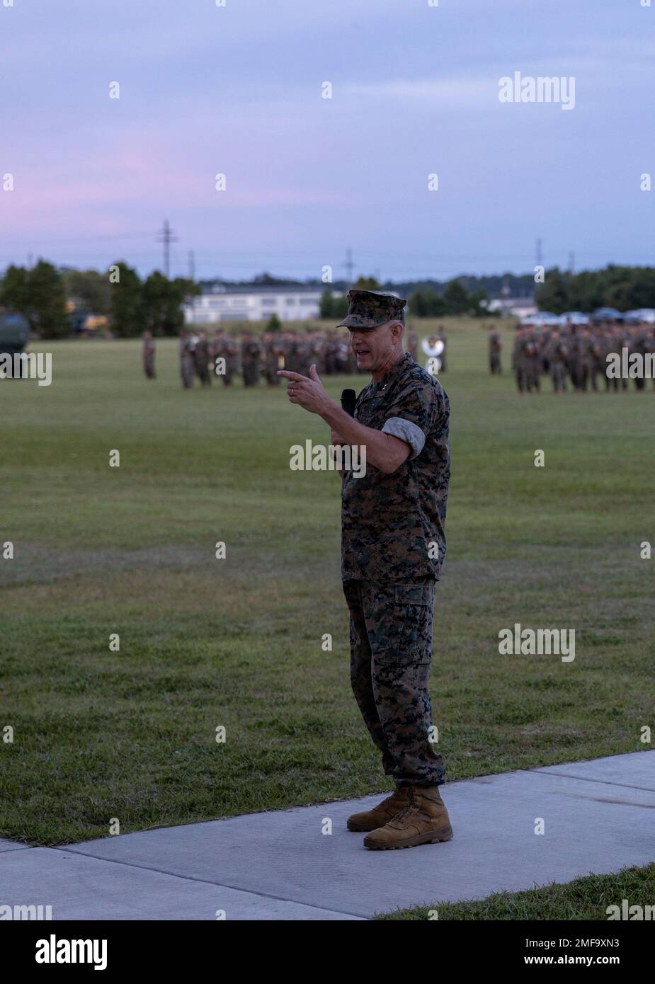 U.S. Marine Corps Maj. Gen. Francis Donovan, the outgoing commanding general (CG) of 2d Marine Division (MARDIV), gives remarks at a change of command ceremony on Camp Lejeune, North Carolina, Aug. 18, 2022. “Competency and lethality reside in these formations lined up in front of us,” explained Donovan. “Every challenge I have given them, they have exceeded by expectations… I couldn’t be more proud of these Marines and Sailors.” During the ceremony, Donovan relinquished command of the division to Brig. Gen. Calvert Worth, the incoming CG of 2d MARDIV. Stock Photo