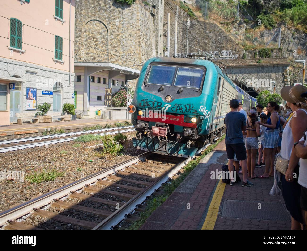 Waiting for the train in Cinque Terre, Italy Stock Photo