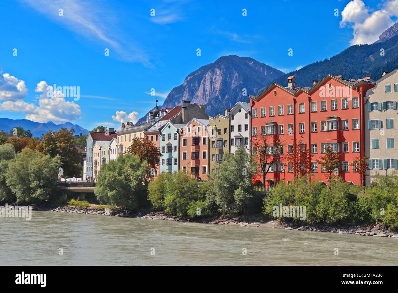 Innsbruck. House complex near the Inn Brücke. Mariahilf street Stock