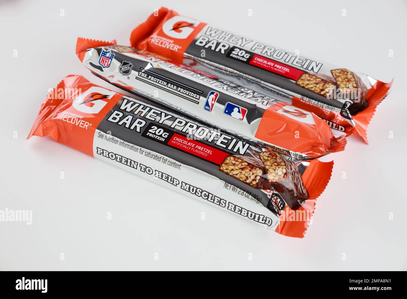 Protein bar with pretzels made with chocolate from Gatorade Stock Photo