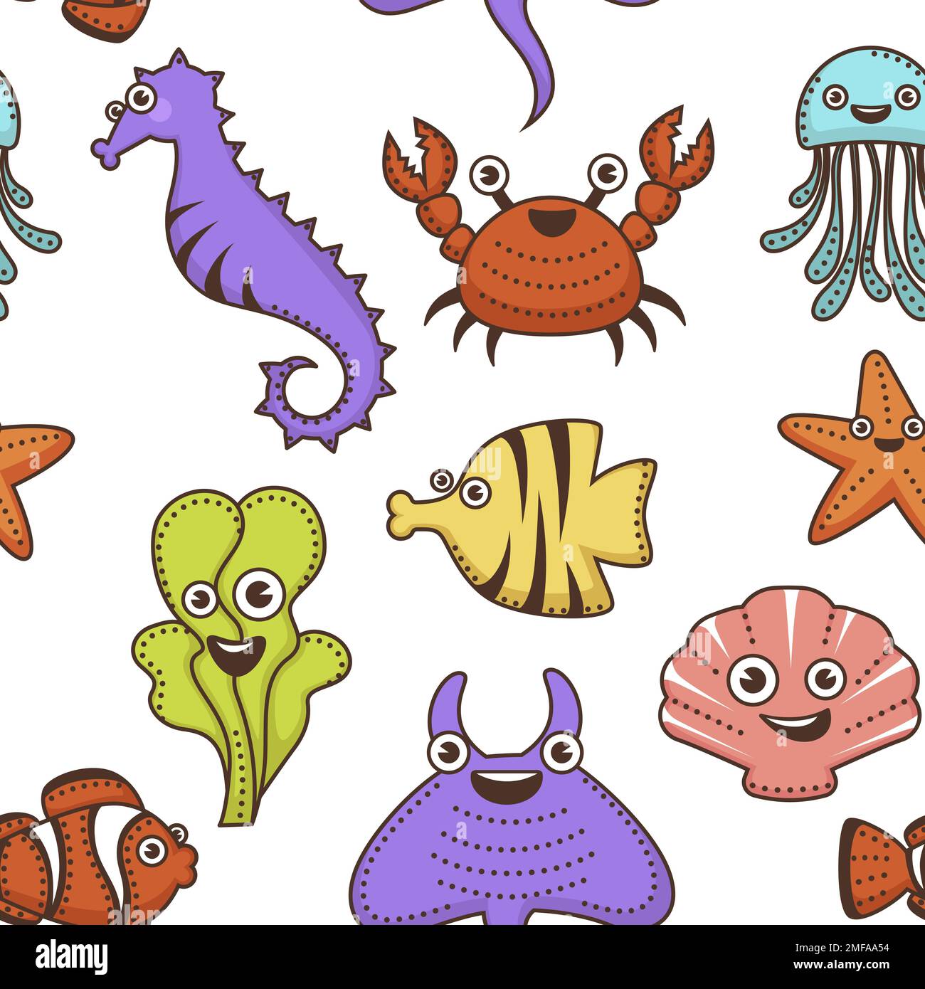Seahorse and crab jellyfish and seaweed cartoon cute characters Stock Vector