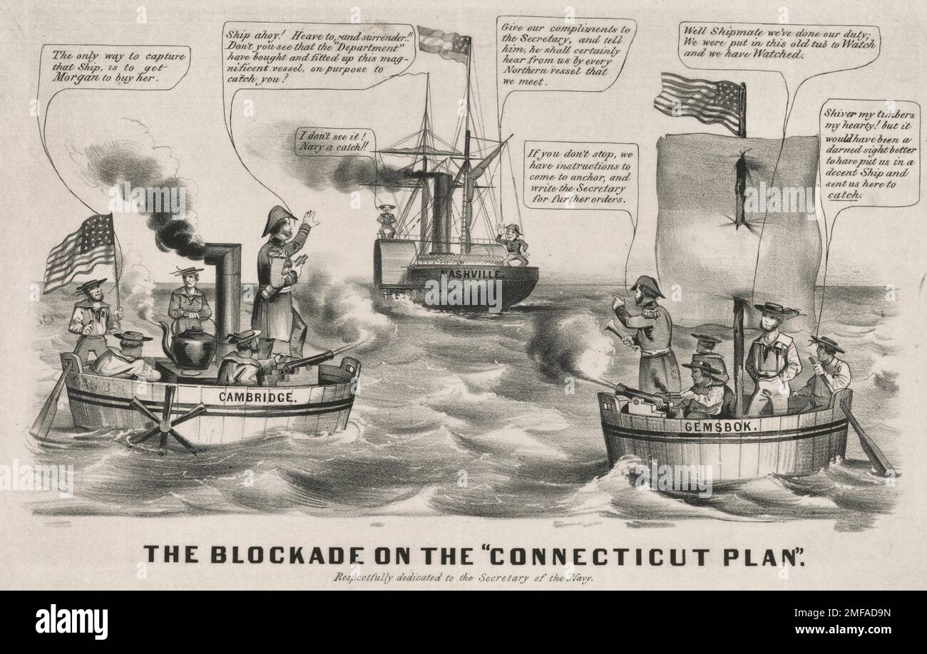 The Blockade on the Connecticut Plan - The artist ridicules the government's early efforts to overhaul and augment a somewhat outdated Union fleet to blockade Southern ports and effectively defend against Confederate privateers and blockade-runners. Navy Secretary Gideon Welles of Connecticut is disparaged as two Union vessels - essentially wooden washtubs armed with small cannons--try to block the path of a sleek Confederate steamer, the 'Nashville.' The first Union vessel, the 'Cambridge' (left), has a stove on which a large kettle boils. Its captain addresses the 'Nashville's' crew, 'Ship a Stock Photo