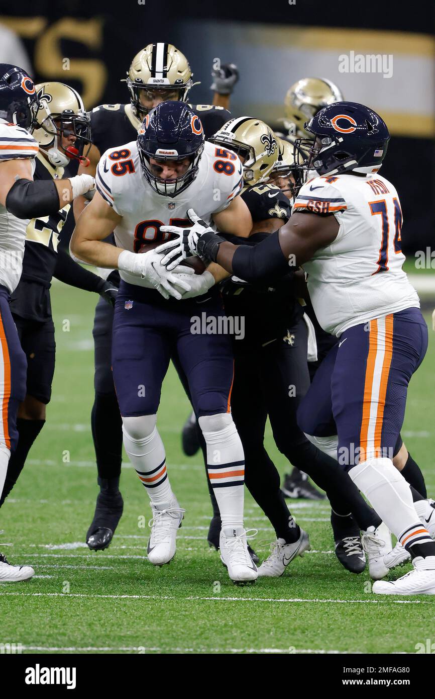 Chicago Bears tight end Cole Kmet (85) is stopped by the New Orleans Saints  during an NFL wild-card playoff football game, Sunday, Jan. 10, 2021, in  New Orleans. The Saints defeated the