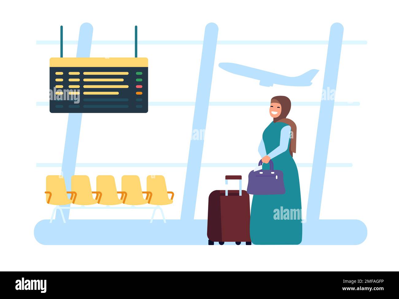 Muslim Arab woman stands at airport with luggage. Travel by airplane ...