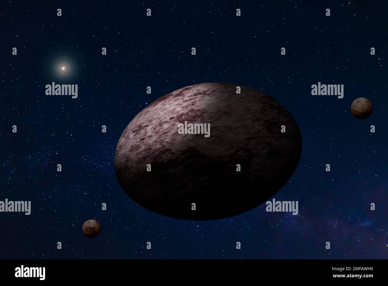 The planetary system composed of the dwarf planet Haumea and its two satellites, located within the Kuiper belt Stock Photo