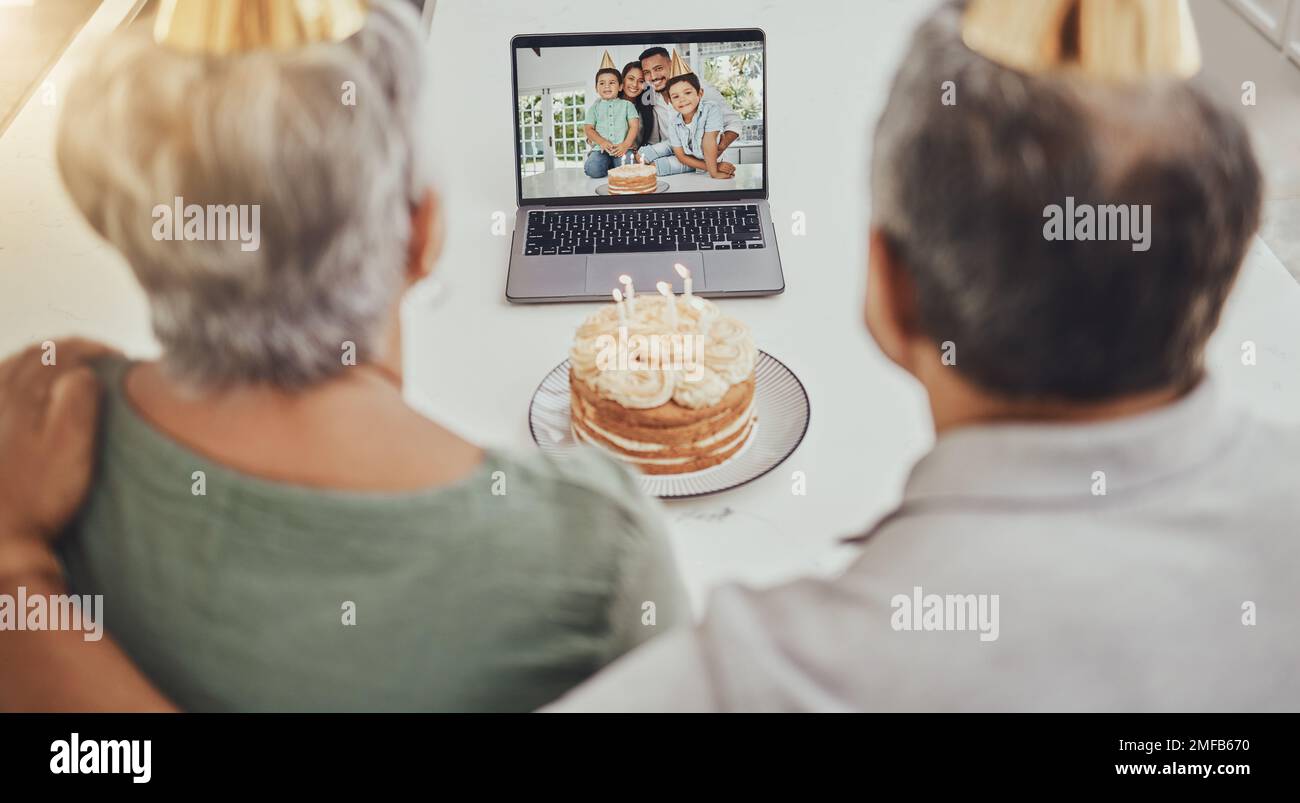 Birthday, video call and senior family for virtual celebration, party cake and online love, care and retirement. Elderly people or grandparents on Stock Photo