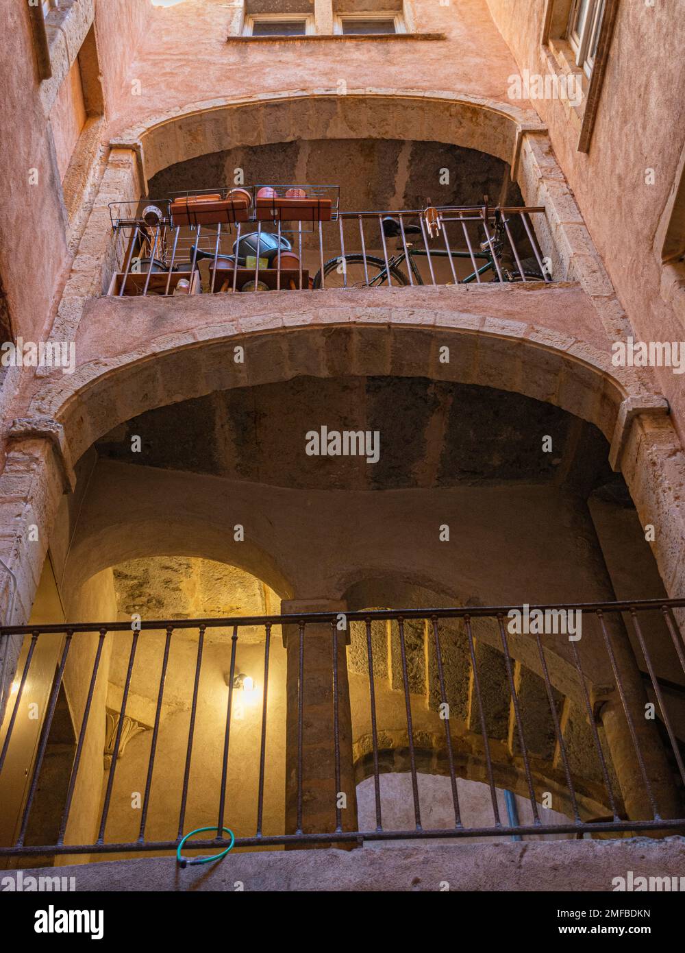 Inside of a Traboules corridor in Vieux-Lyon district in Lyon, France looking up Stock Photo