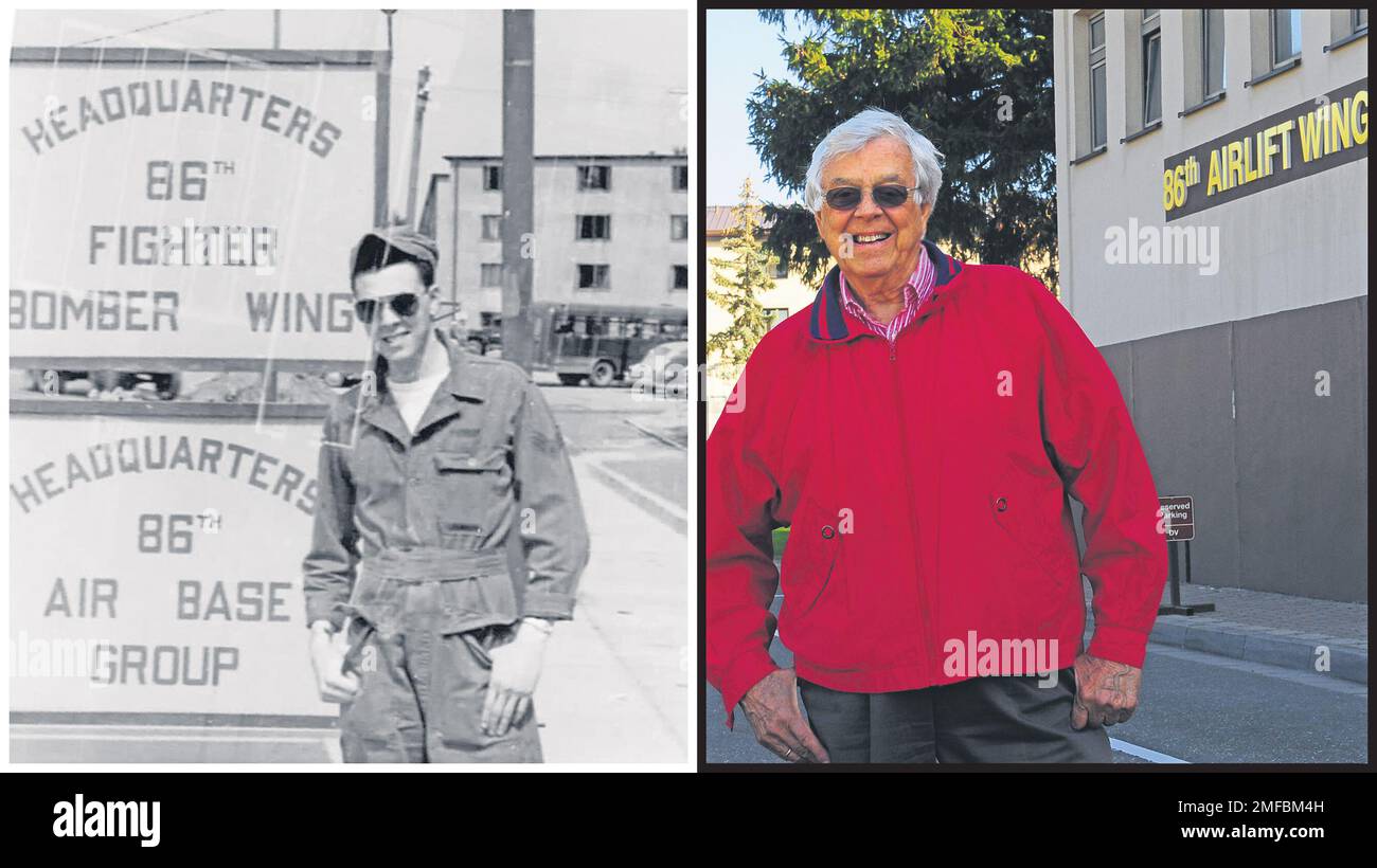 Bob Russo, a former U.S. Air Force service member, poses in front of the 86th Airlift Wing headquarters building in 2012. The photo recreates one he took in the 1950s during his service at Ramstein Air Base. Stock Photo