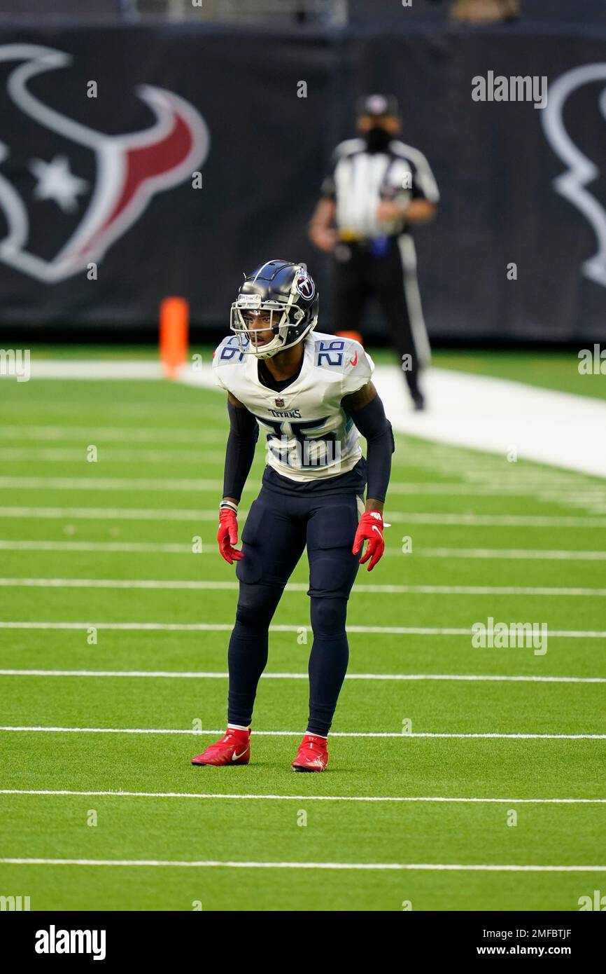 Tennessee Titans defensive back Kristian Fulton (26) lines up for the snap  during an NFL football game against the Houston Texans on Sunday, October  30, 2022, in Houston. (AP Photo/Matt Patterson Stock