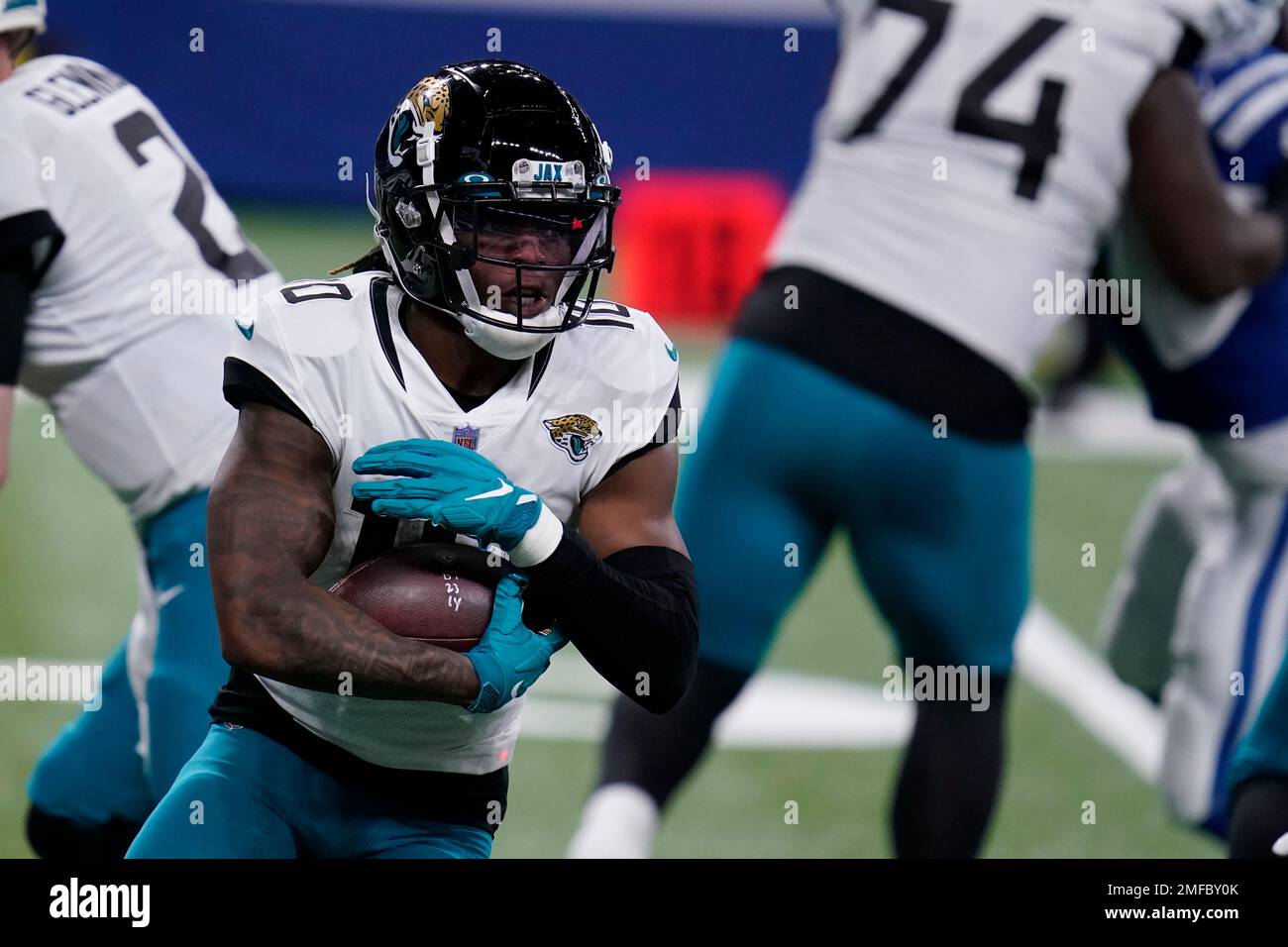 Jacksonville Jaguars' Laviska Shenault Jr. (10) runs during the second half  of an NFL football game against the Cincinnati Bengals, Thursday, Sept. 30,  2021, in Cincinnati. (AP Photo/Michael Conroy Stock Photo - Alamy