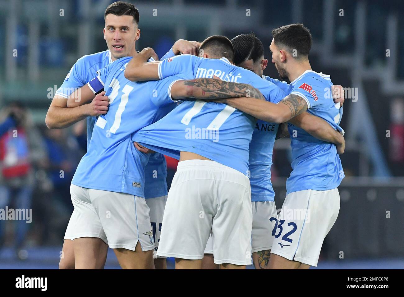 Lazio players cheer after scoring during the Italian Serie A