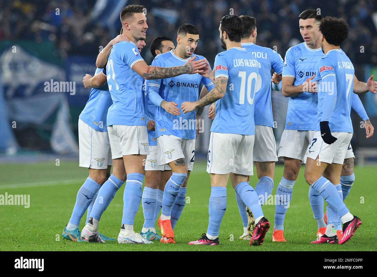 Lazio players cheer after scoring during the Italian Serie A