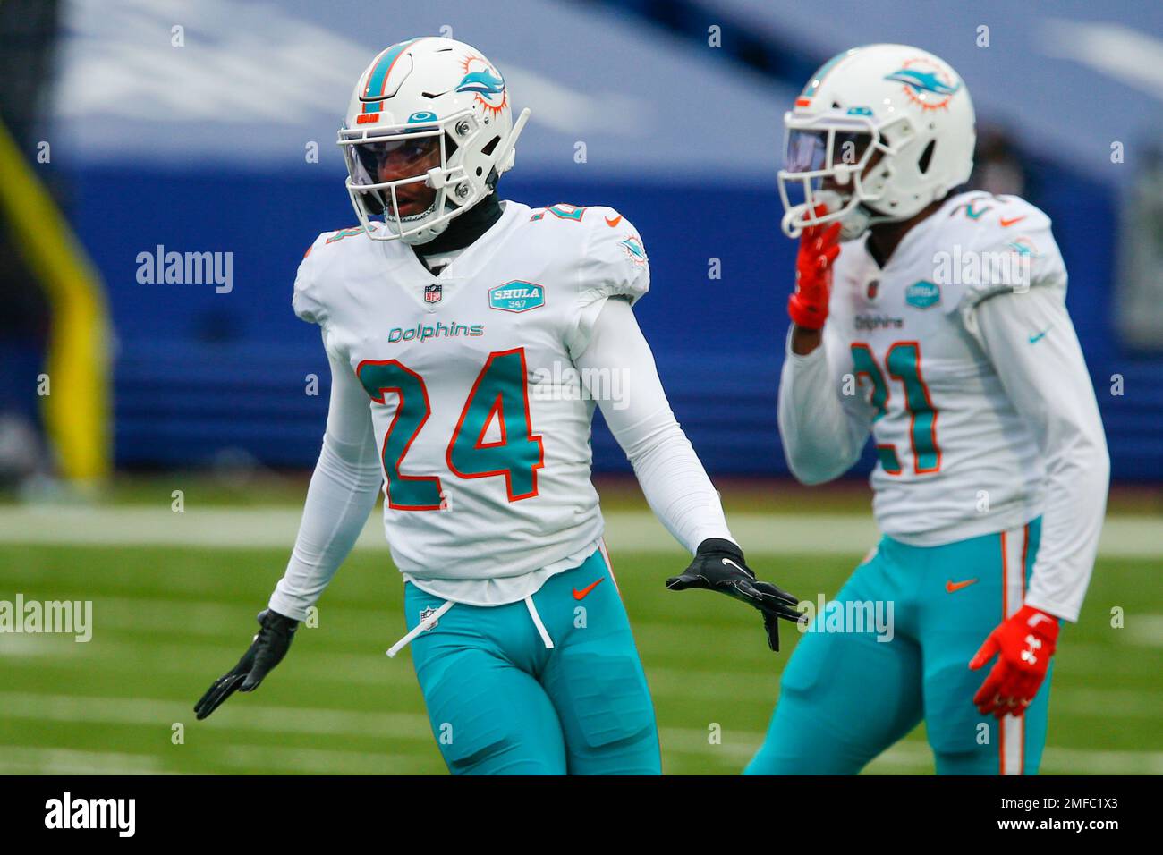 Miami Dolphins cornerback Byron Jones (24) reacts in the first half of an NFL football game