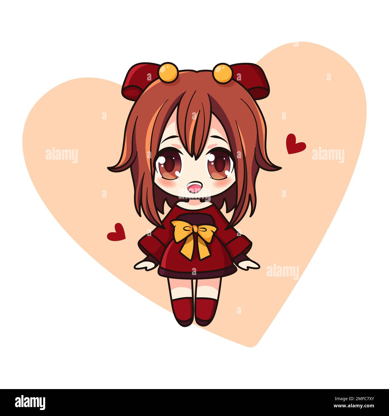Cute and kawaii girl with red hearts. Manga chibi with hearts. Stock Vector