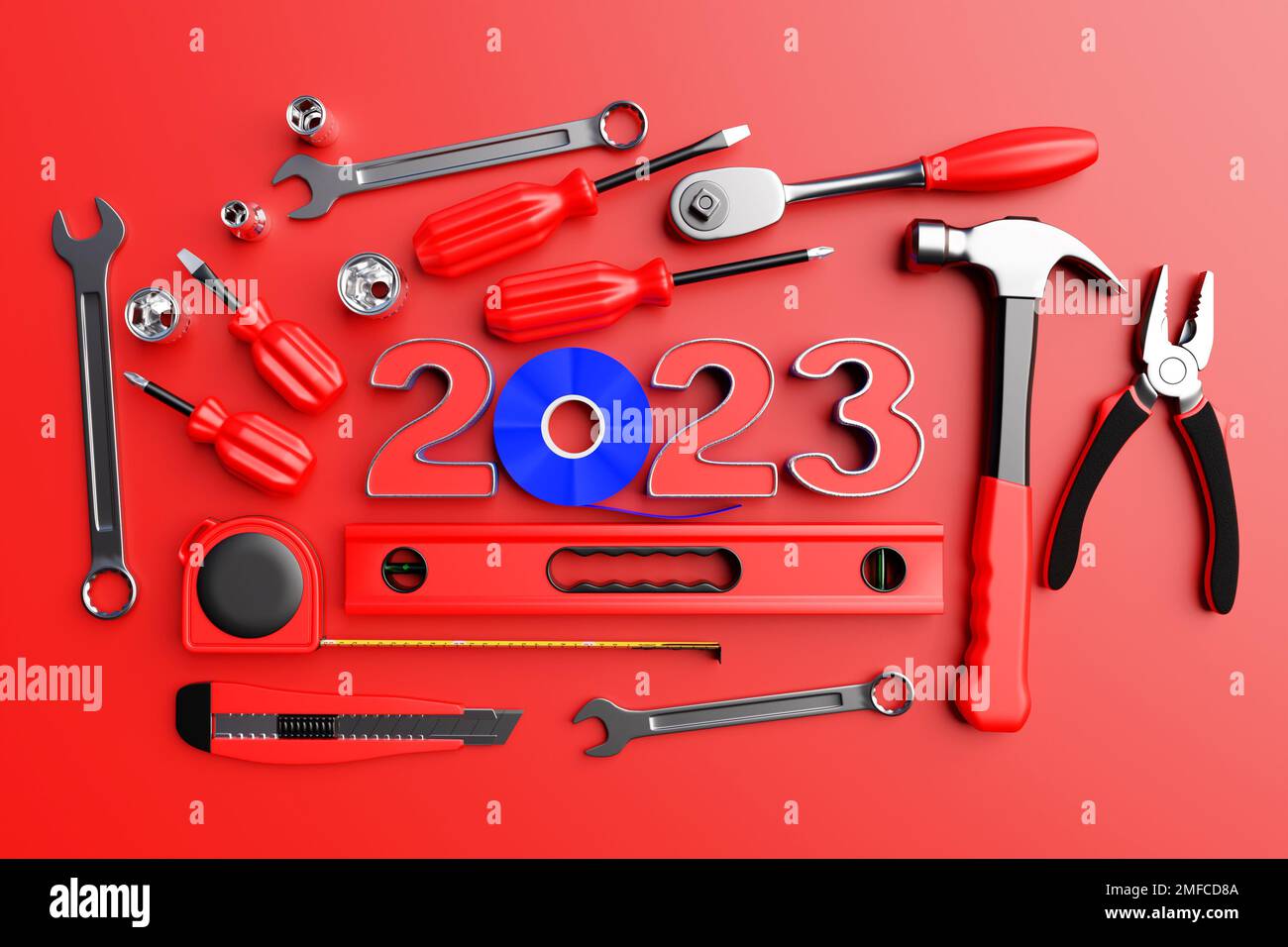 3D illustration inscription 2023 metal hammer, screwdrivers, pliers