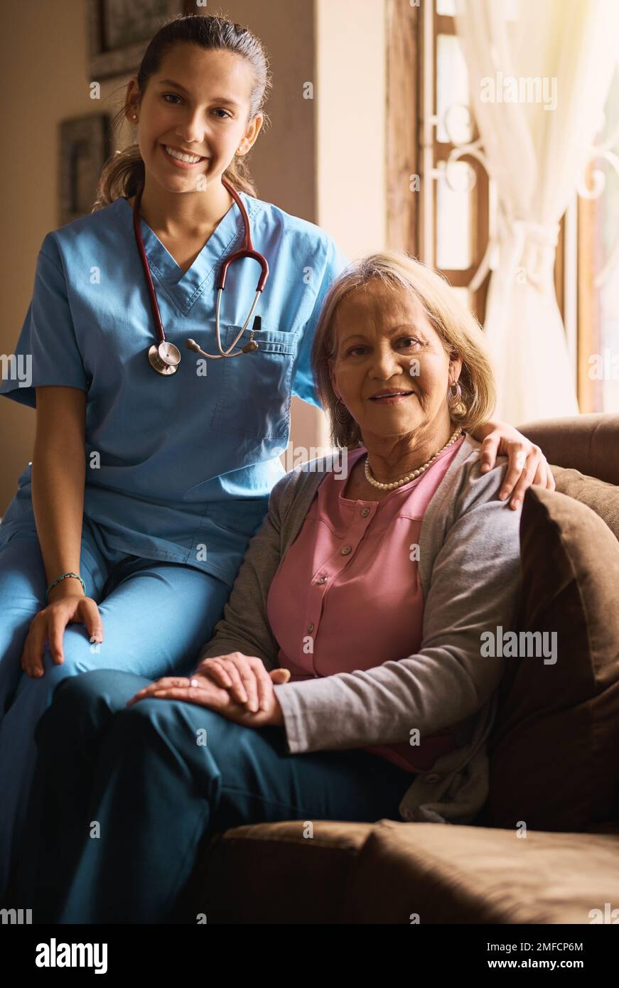 Working with seniors is the best job Ive ever had. a female nurse and a senior woman in a retirement home. Stock Photo