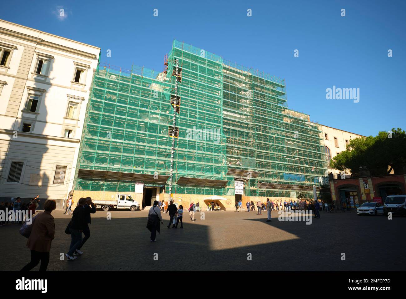 A view of the iconic stone facade, under scaffolding, for renovation, resoration, preservation, repair. At the Chiesa del Gesù Nuovo Catholic church i Stock Photo