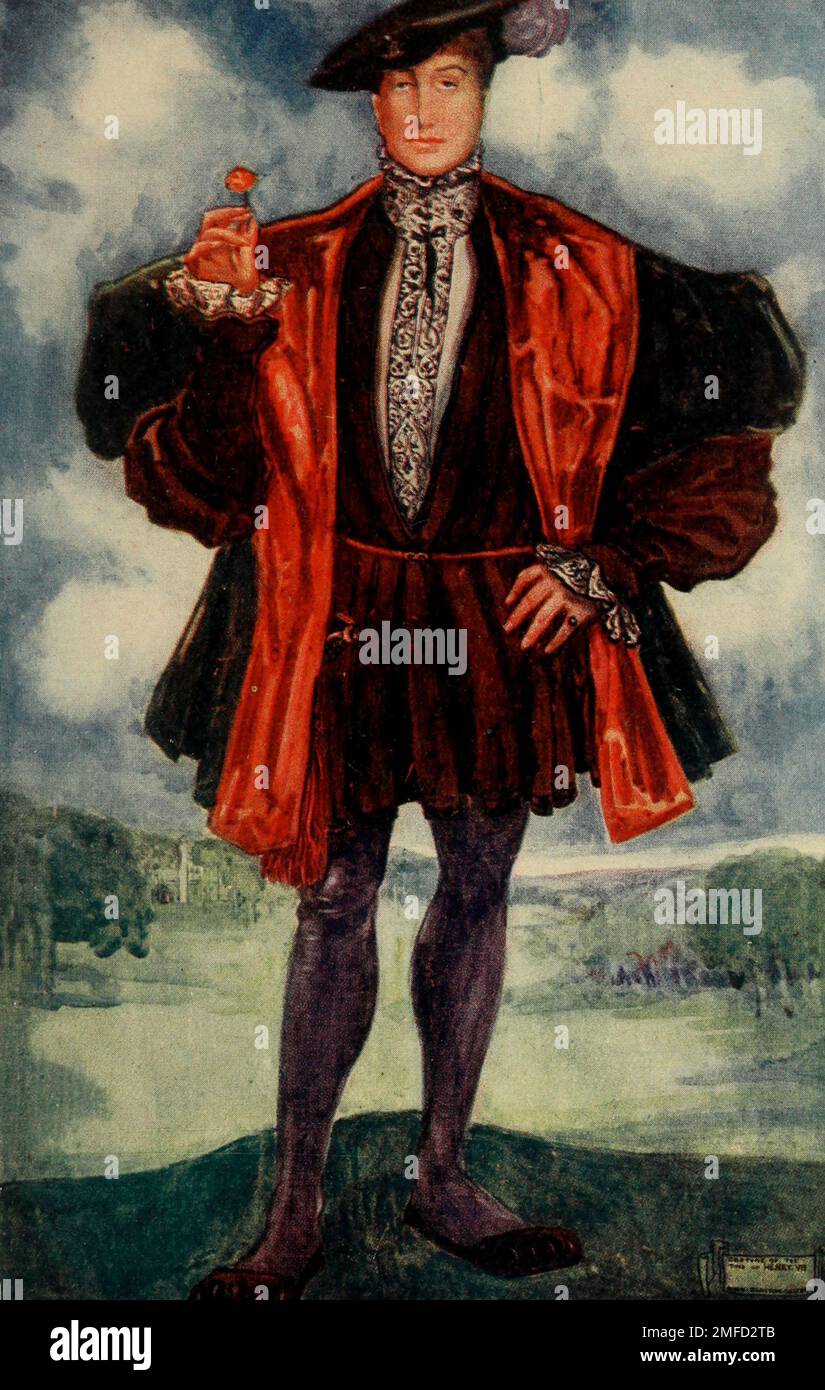 A Man of the Time of Henry VIII. (1509 - 1547) He wears the club-toed shoes, the white shirt embroidered in black silk, the padded shoulders, and the flat cap by which this reign is easily remembered from the book ' English costume ' by Dion Clayton Calthrop, 1878-1937 Publication date 1907 Publisher London, A. & C. Black Stock Photo